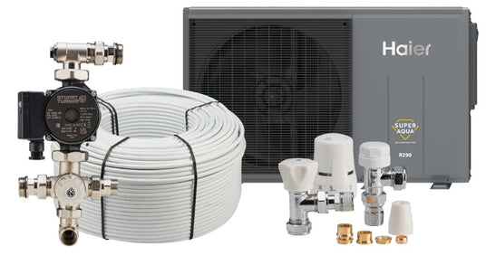 Haier water system package with pump, hoses, and valves.